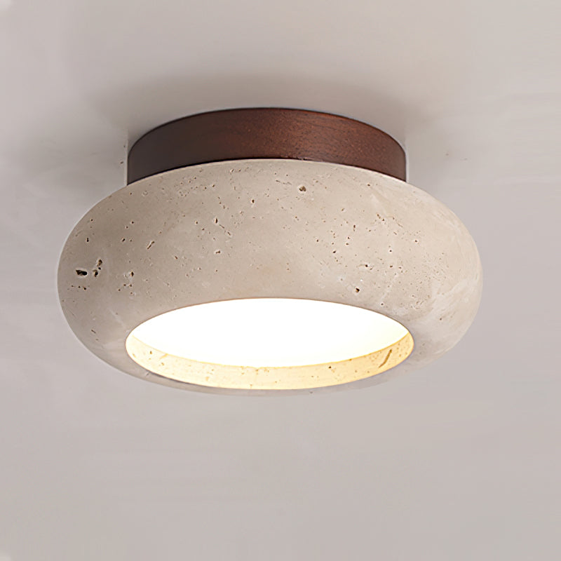 Flush Ceiling Light With Wood Accent Travertine Ring